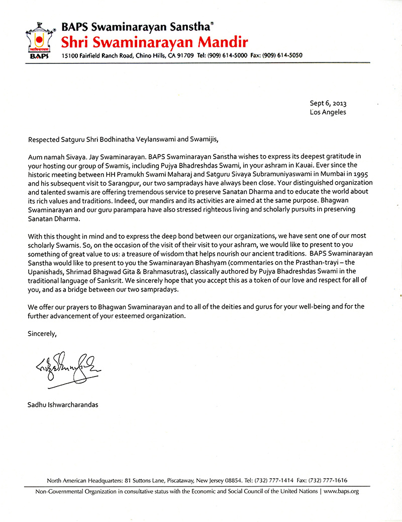 A Letter from BAPS Swaminarayan Sanstha